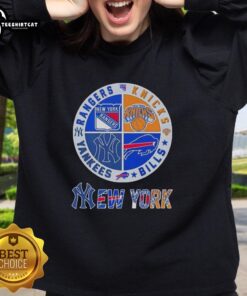 Official New York City Sports sweatshirt featuring Rangers, Knicks, Bills, and Yankees logos in a stylish design.