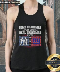 Grandmas in tank tops cheer for the New York Yankees and Giants while playing bingo at a lively game night.