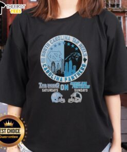 Official North Carolina Tar Heels and Carolina Panthers helmet logo mashup on a ladies tee, perfect for game day.