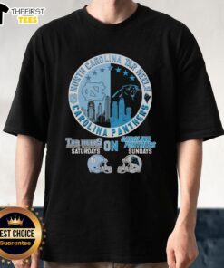 North Carolina Tar Heels and Carolina Panthers helmet logo mashup T-shirt for game day style on Saturdays and Sundays.