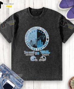 North Carolina Tar Heels and Carolina Panthers helmet logo mashup on a washed t-shirt, perfect for game day enthusiasts.