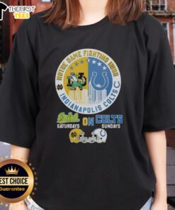 Notre Dame Fighting Irish and Indianapolis Colts helmet logo mashup on a stylish ladies tee for game day.
