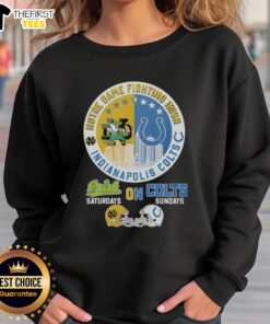 Alt Text: Official Notre Dame Fighting Irish and Indianapolis Colts helmet logo mashup sweatshirt design for sports fans.
