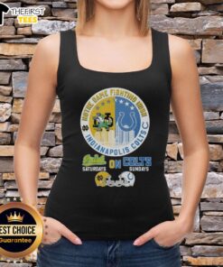 Alt Text: Tank top featuring a mashup of Notre Dame Fighting Irish and Indianapolis Colts helmet logos.