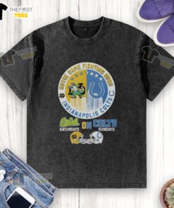 Alt Text: Official Notre Dame Fighting Irish and Indianapolis Colts helmet logo mashup on a washed t-shirt design.