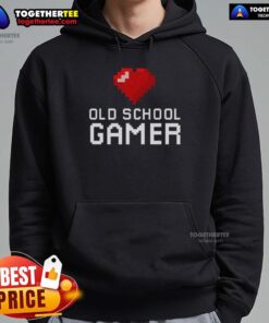 Official Old School Gamer Heart Hoodie featuring retro gaming graphics, perfect for nostalgic gamers and cozy style.