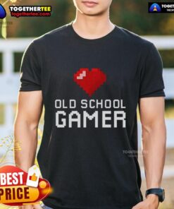 Official Old School Gamer Heart T-Shirt featuring a retro gaming design, perfect for nostalgic gaming enthusiasts.