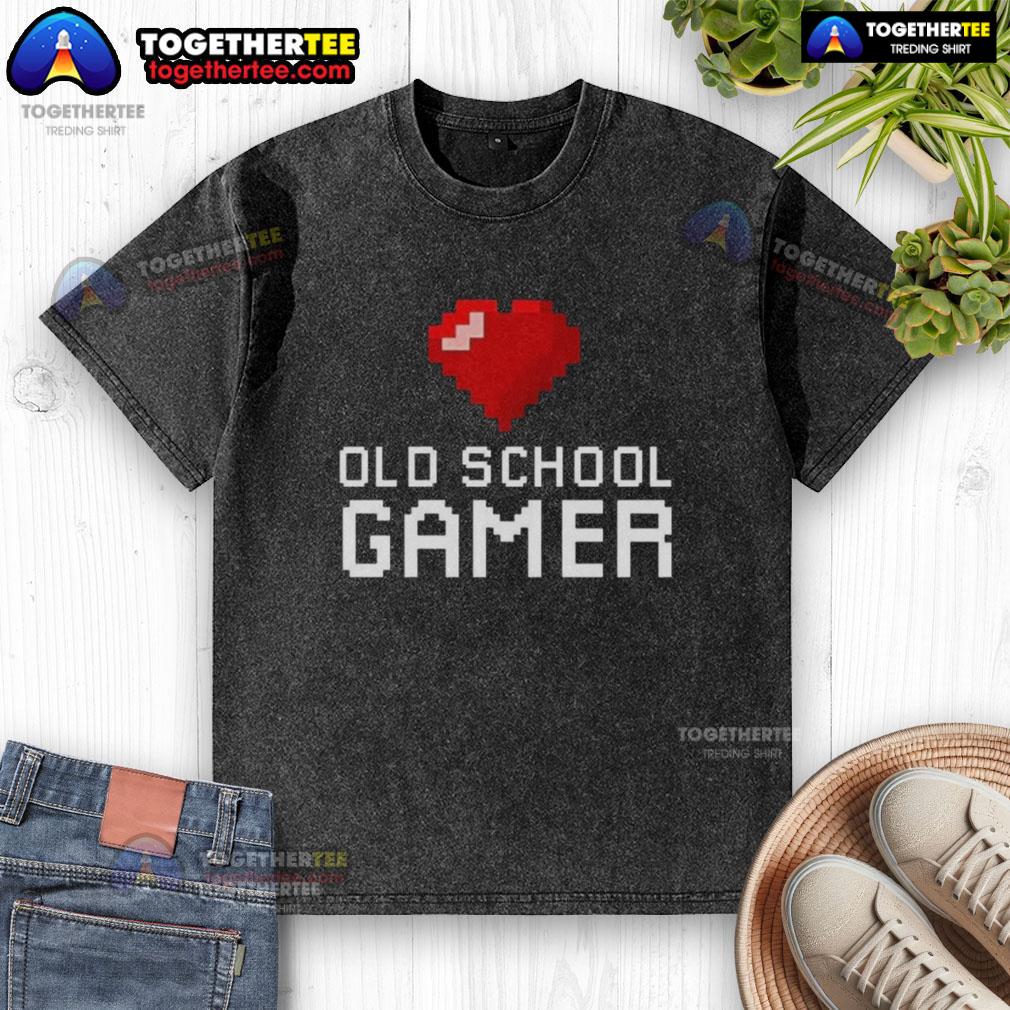 Official Old School Gamer Heart Washed T Shirt Official Old School Gamer Heart Washed T-Shirt featuring retro gaming design for nostalgic gamers and enthusiasts.