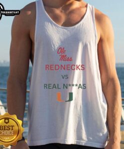 Official Ole Miss Rebels Red Necks vs Miami Hurricanes tank top featuring bold team logos and vibrant colors.