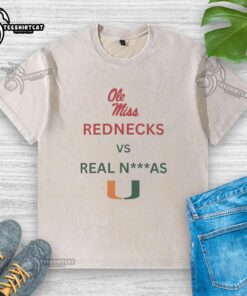 Official Ole Miss Rebels Red Necks vs Miami Hurricanes Real NAs Washed T-Shirt featuring team logos and vibrant colors.