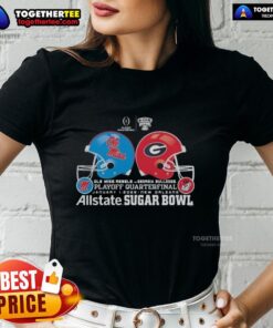 Alt Text: Official Ole Miss Rebels vs. Georgia Bulldogs playoff quarterfinal ladies tee featuring team helmets, January 1, 2026.