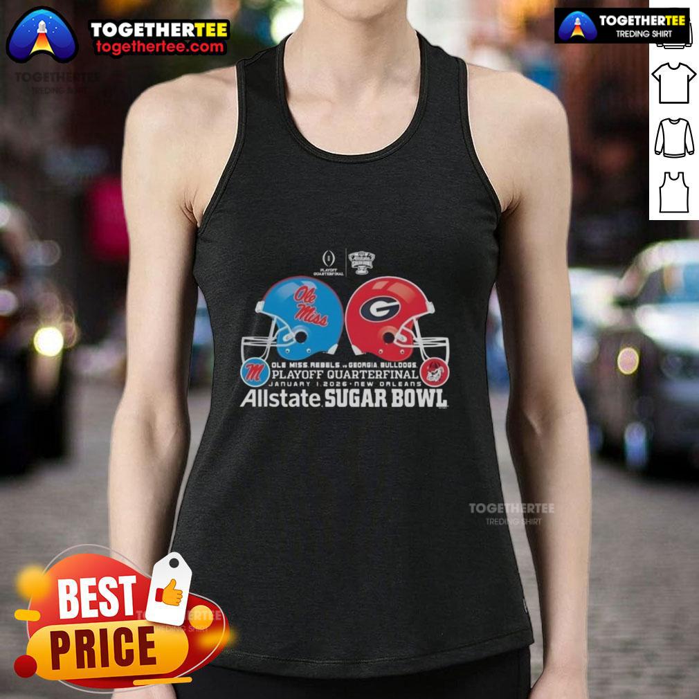Official Ole Miss Rebels X Georgia Bulldogs Playoff Quarterfinal January 1 2026 Helmet Tank Top Alt Text: Official Ole Miss Rebels x Georgia Bulldogs playoff quarterfinal tank top featuring team logos, January 1, 2026.