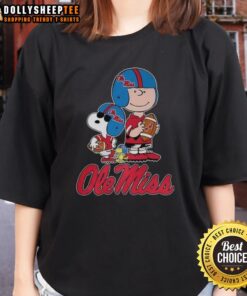 Official Ole Miss Rebels X Peanuts cartoon characters football lover ladies tee showcasing team spirit and playful design.