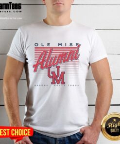 Official Ole Miss Retro Stripe Alumni Oxford Hotty Toddy T-Shirt featuring classic design and school colors for fans.