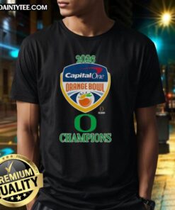 Official Oregon Ducks 2026 Capital One Orange Bowl Champions logo t-shirt featuring vibrant team colors and design.