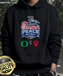 Official Oregon Ducks vs Indiana Hoosiers 2026 Chick-fil-A Peach Bowl hoodie featuring team logos and vibrant colors.