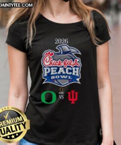 Official Oregon Ducks vs Indiana Hoosiers 2026 Chick-fil-A Peach Bowl ladies tee featuring team logos and vibrant design.