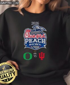 Official Oregon Ducks vs Indiana Hoosiers 2026 Chick-fil-A Peach Bowl sweatshirt featuring team logos and vibrant colors.
