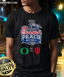 Official Oregon Ducks vs Indiana Hoosiers 2026 Chick-Fil-A Peach Bowl T-Shirt featuring team logos and vibrant colors.