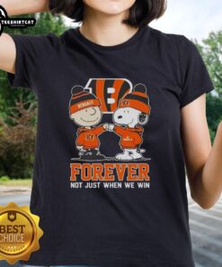 Official Peanut Snoopy Charlie Brown Cincinnati Bengals Forever tee for ladies, celebrating team spirit and loyalty.