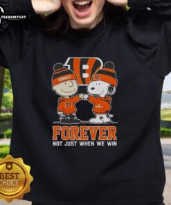 Official Peanut Snoopy & Charlie Brown Cincinnati Bengals sweatshirt featuring 'Forever Not Just When We Win' design.