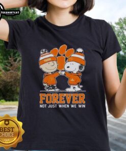 Official Peanut Snoopy and Charlie Brown Clemson Tigers Forever Tee for ladies, celebrating team spirit beyond victory.