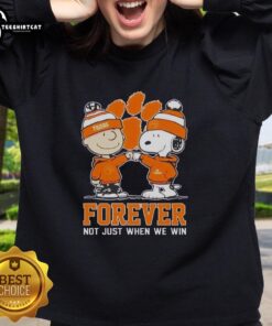Alt Text: Official Peanut Snoopy and Charlie Brown Clemson Tigers sweatshirt, featuring Forever, Not Just When We Win design.