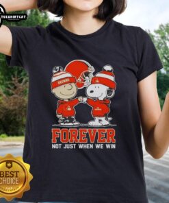 Official Peanut Snoopy Charlie Brown Cleveland Browns Forever ladies tee featuring a playful design celebrating football spirit.