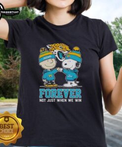 Official Peanut Snoopy and Charlie Brown Jacksonville Jaguars Forever tee for ladies, perfect for fans celebrating team spirit.