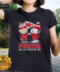 Official Peanut Snoopy and Charlie Brown Kansas City Chiefs Forever tee for ladies, perfect for game day celebrations.