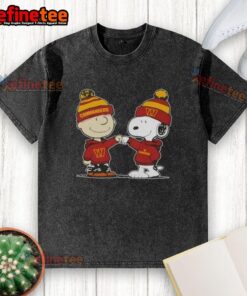 Charlie Brown and Snoopy fist bump in Washington Commanders football washed T-shirt design, perfect for Peanuts fans.