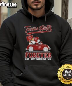 Charlie Brown and Snoopy driving a car in Texas A&M Aggies hoodie, celebrating school spirit with 'Forever, Not Just When We Win.'