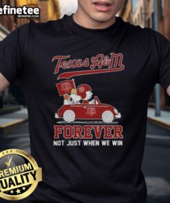 Alt Text: Peanuts Charlie Brown and Snoopy driving a car on Texas A&M Aggies Forever T-Shirt, perfect for fans.