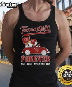 Charlie Brown and Snoopy driving a car in a Texas A&M Aggies tank top, celebrating team spirit with 'Forever, Not Just When We Win'.