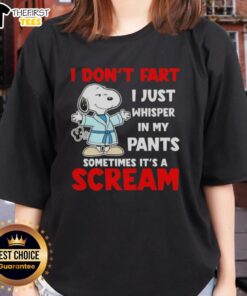 Official Peanuts Snoopy tee with humorous 'I dont fart, I just whisper' quote for ladies' casual wear.
