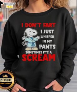 Official Peanuts Snoopy sweatshirt with humorous 'I Don't Fart, I Just Whisper' quote, perfect for fans and cozy wear.