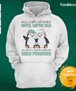Cozy hoodie featuring penguins and the phrase 'We'll Always Be Friends' perfect for friendship and winter fashion.