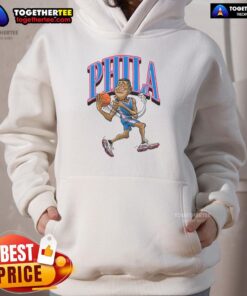 Official Philadelphia 76ers basketball player caricature hoodie featuring vibrant graphics and team colors.