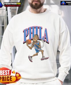 Official Philadelphia 76ers basketball player caricature sweatshirt featuring vibrant team colors and unique design.