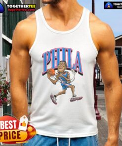 Official Philadelphia 76ers basketball player caricature tank top featuring vibrant graphics and team colors.