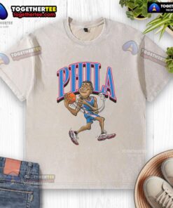 Official Philadelphia 76ers basketball player caricature on a washed t-shirt, showcasing team spirit and unique design.