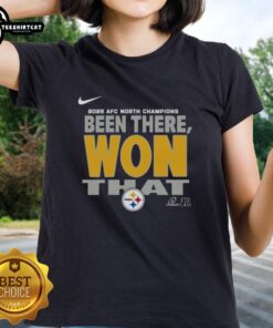 Official Pittsburgh Steelers 2025 AFC North Champions ladies tee showcasing team pride and stylish design.