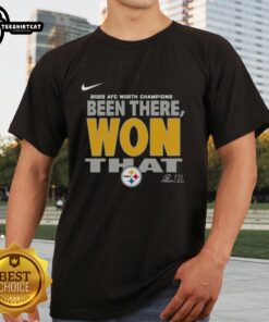 Alt Text: Official Pittsburgh Steelers 2025 AFC North Champions T-Shirt featuring team logo and championship design.