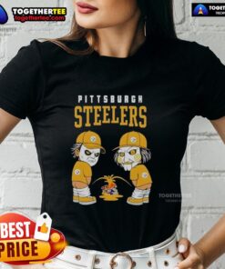 Official Pittsburgh Steelers X Michael Myers and Billy Puppet tee, showcasing playful rivalry against Baltimore Ravens and Cleveland Browns.