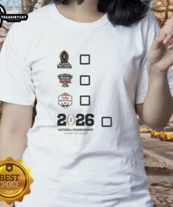 Official Playoff First Round Sugar Bowl Vrbo Fiesta Bowl National Championship Ladies Tee showcasing vibrant team graphics.