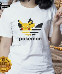Official Pokemon Anniversary Pikachu Trefoil Parody Logo on a ladies tee, featuring vibrant colors and playful design.