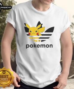 Alt Text: Official Pokemon Anniversary Pikachu Trefoil Parody Logo T-Shirt featuring Pikachu with a playful design and vibrant colors.