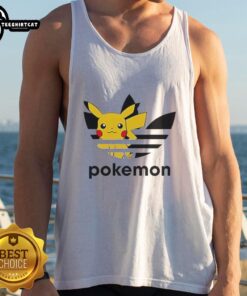 Official Pokemon Anniversary Pikachu Trefoil Parody Logo Tank Top featuring vibrant colors and playful design.