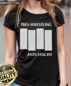 Alt Text: Official Pro Wrestling Anti-Fascist Four White Lines Parody Logo on a stylish ladies tee, promoting unity and resistance.