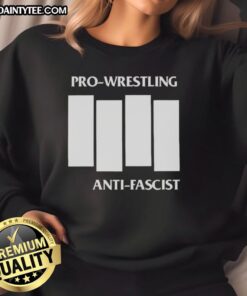 Alt Text: Official Pro Wrestling Anti-Fascist Four White Lines parody logo sweatshirt in black, promoting anti-fascism.